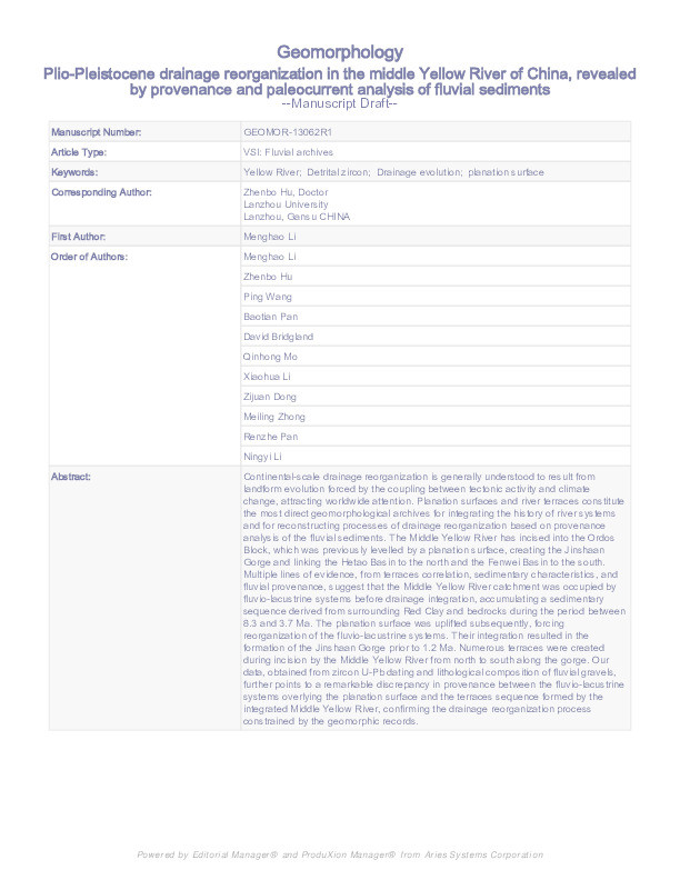 Plio-Pleistocene drainage reorganization in the middle Yellow River of China, revealed by provenance and paleocurrent analysis of fluvial sediments Thumbnail