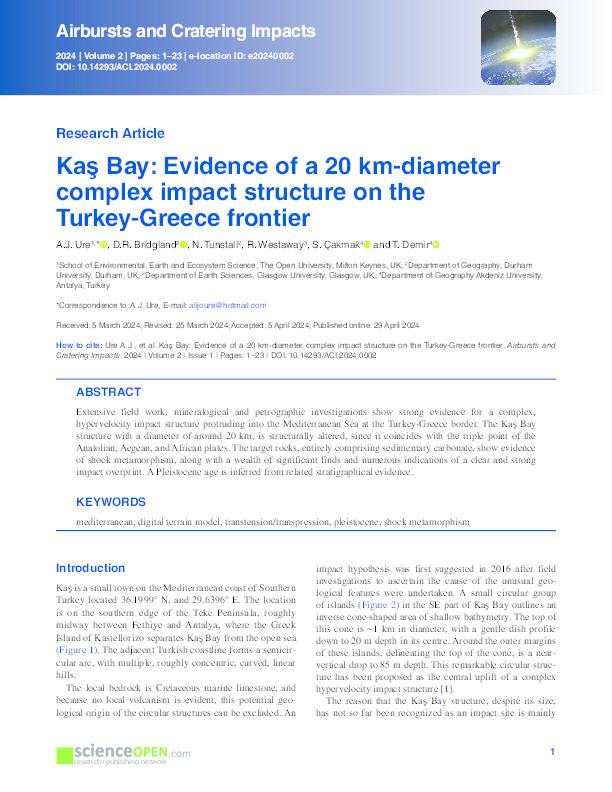 Kaş Bay: Evidence of a 20 km-diameter complex impact structure on the Turkey-Greece frontier Thumbnail