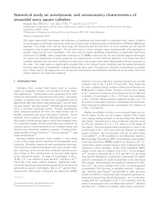 Numerical study on aerodynamic and aeroacoustics characteristics of sinusoidal wavy square cylinders Thumbnail