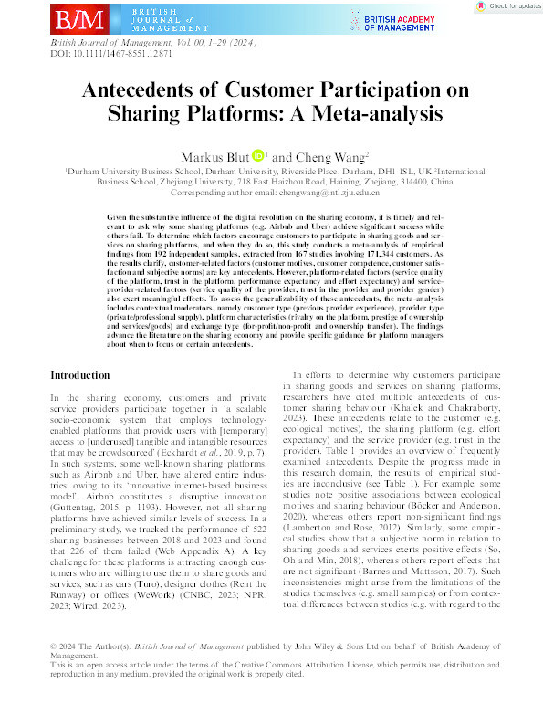 Antecedents of Customer Participation on Sharing Platforms: A Meta‐analysis Thumbnail