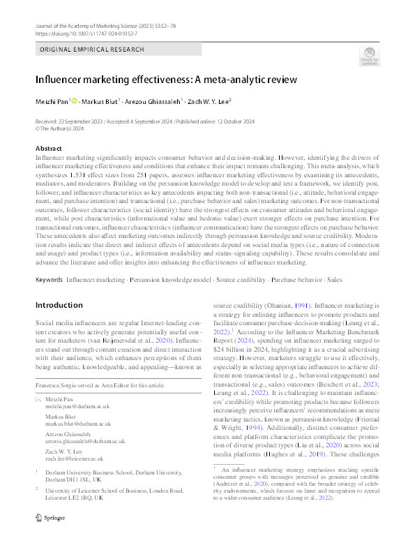 Influencer marketing effectiveness: A meta-analytic review Thumbnail