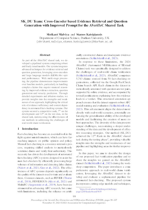 SK_DU Team: Cross-Encoder based Evidence Retrieval and Question Generation with Improved Prompt for the AVeriTeC Shared Task Thumbnail