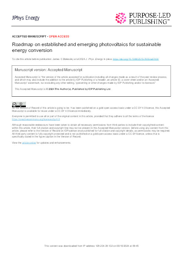 Roadmap on established and emerging photovoltaics for sustainable energy conversion Thumbnail