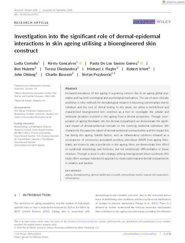 Investigation into the significant role of dermal‐epidermal interactions in skin ageing utilising a bioengineered skin construct Thumbnail