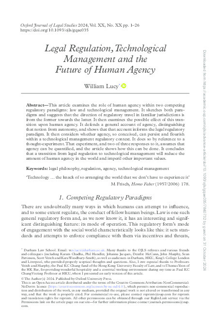 Legal Regulation, Technological Management and the Future of Human Agency Thumbnail