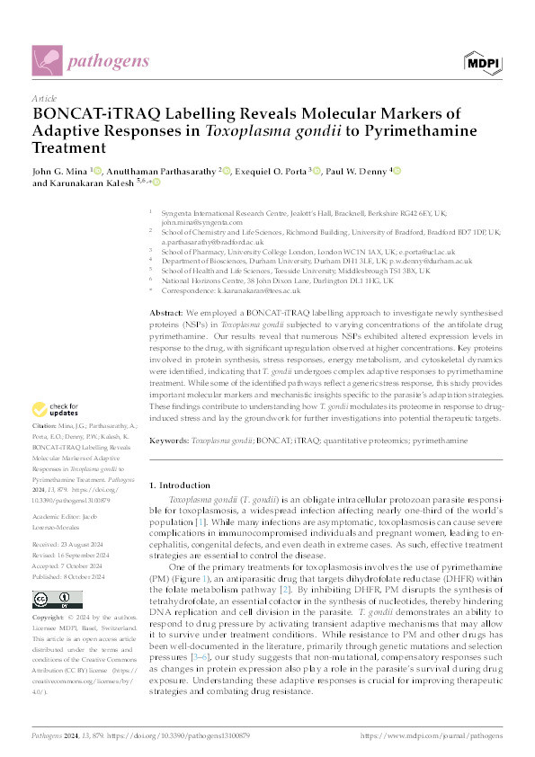 BONCAT-iTRAQ Labelling Reveals Molecular Markers of Adaptive Responses in Toxoplasma gondii to Pyrimethamine Treatment Thumbnail