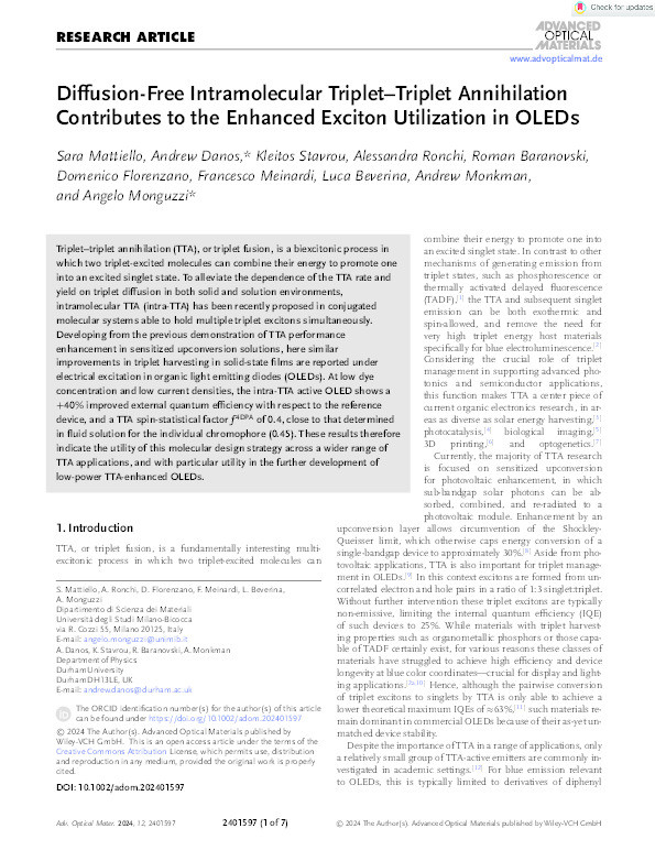 Diffusion‐Free Intramolecular Triplet–Triplet Annihilation Contributes to the Enhanced Exciton Utilization in OLEDs Thumbnail