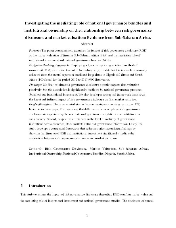 Investigating the mediating role of national governance bundles and institutional ownership on the relationship between risk governance disclosure and market valuation: evidence from Sub-Saharan Africa Thumbnail