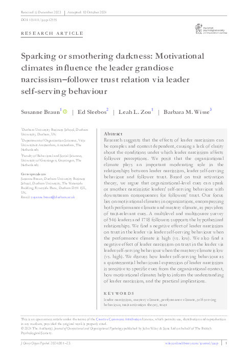 Sparking or smothering darkness: Motivational climates influence the leader grandiose narcissism–follower trust relation via leader self‐serving behaviour Thumbnail