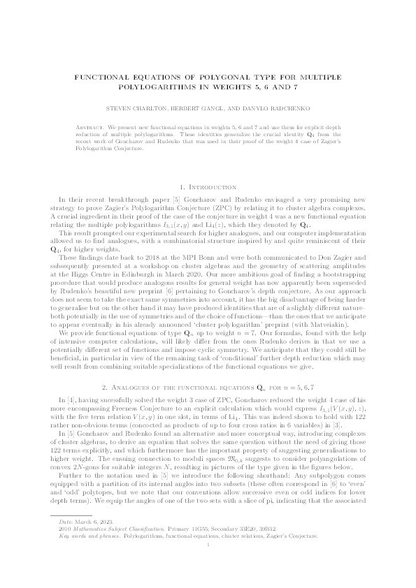 Functional equations of polygonal type for multiple polylogarithms in weights 5, 6 and 7 Thumbnail