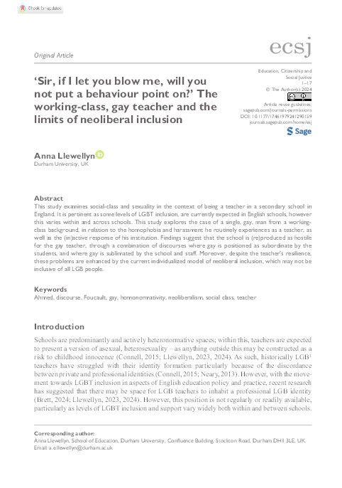 ‘Sir, if I let you blow me, will you not put a behaviour point on?’ The working-class, gay teacher and the limits of neoliberal inclusion Thumbnail