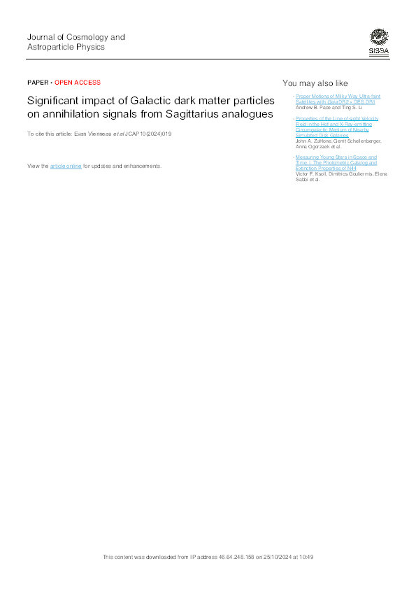 Significant impact of Galactic dark matter particles on annihilation signals from Sagittarius analogues Thumbnail