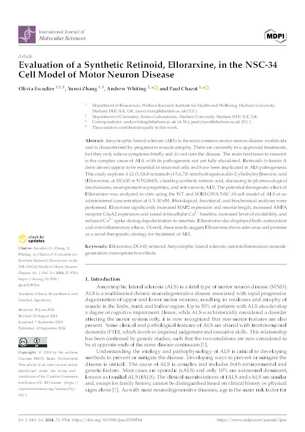 Evaluation of a Synthetic Retinoid, Ellorarxine, in the NSC-34 Cell Model of Motor Neuron Disease Thumbnail