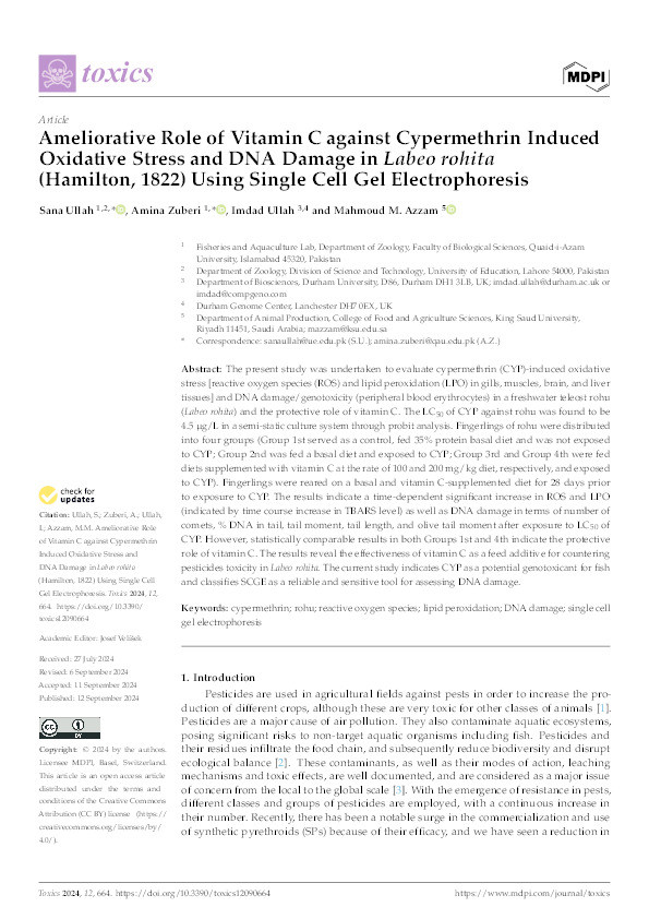 Ameliorative Role of Vitamin C against Cypermethrin Induced Oxidative Stress and DNA Damage in Labeo rohita (Hamilton, 1822) Using Single Cell Gel Electrophoresis Thumbnail