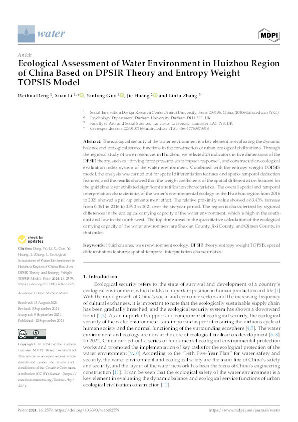 Ecological Assessment of Water Environment in Huizhou Region of China Based on DPSIR Theory and Entropy Weight TOPSIS Model Thumbnail