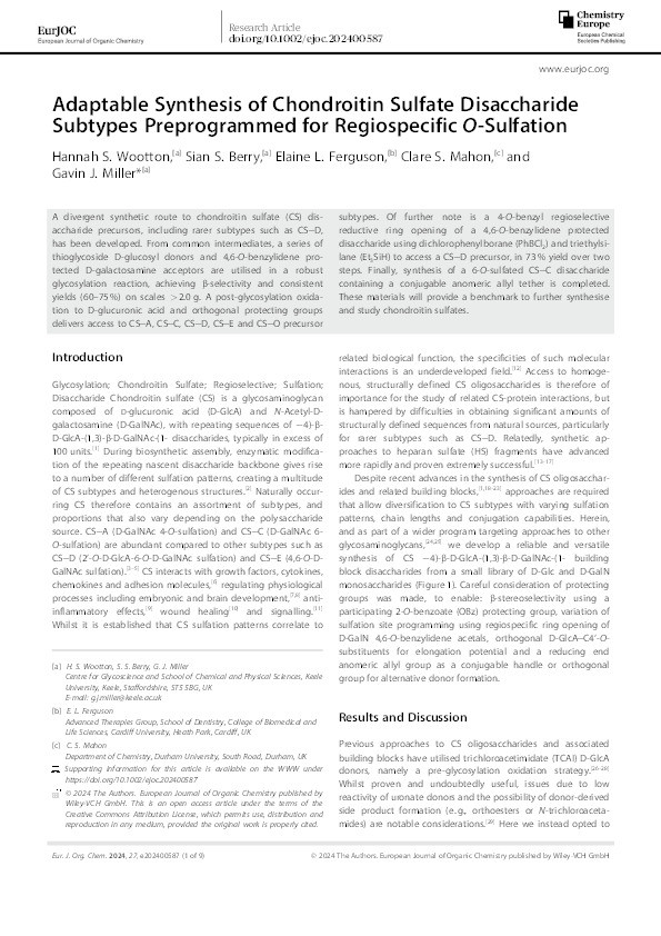 Adaptable Synthesis of Chondroitin Sulfate Disaccharide Subtypes Preprogrammed for Regiospecific O‐Sulfation Thumbnail