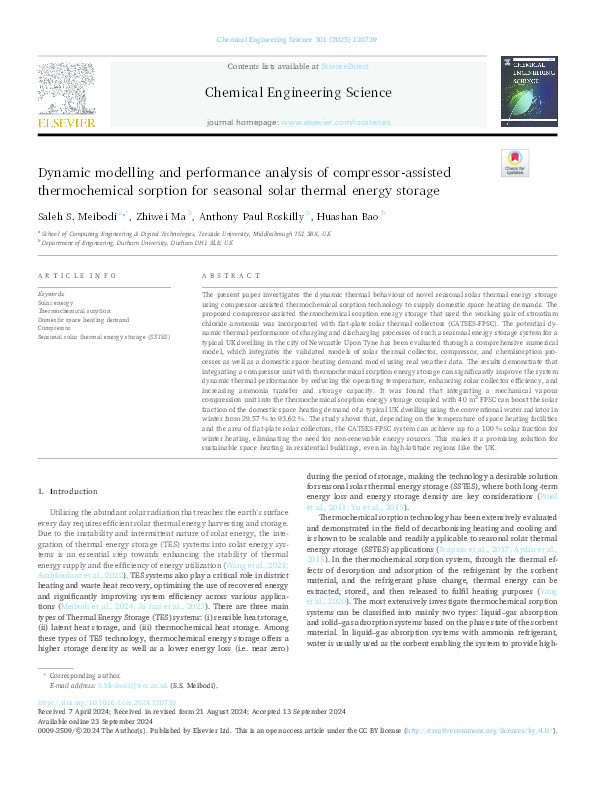 Dynamic modelling and performance analysis of compressor-assisted thermochemical sorption for seasonal solar thermal energy storage Thumbnail