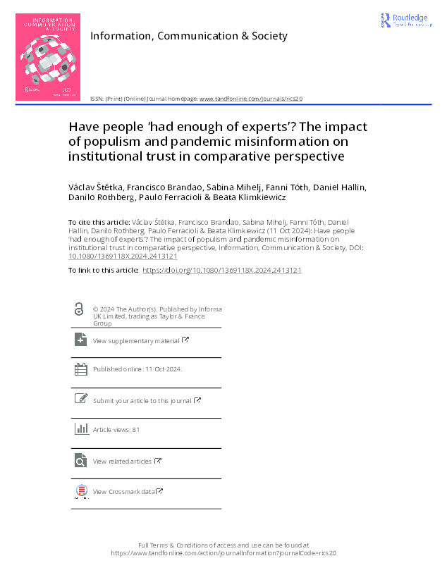 Have people ‘had enough of experts’? The impact of populism and pandemic misinformation on institutional trust in comparative perspective Thumbnail