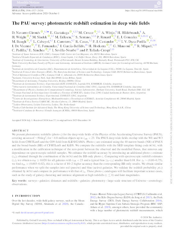 The PAU survey: photometric redshift estimation in deep wide fields Thumbnail