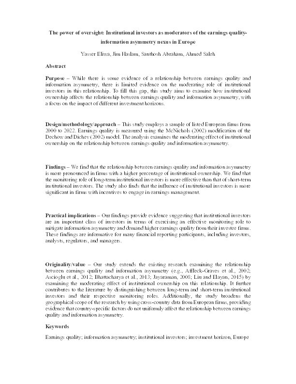 The power of oversight: Institutional investors as moderators of the earnings quality- information asymmetry nexus in Europe Thumbnail