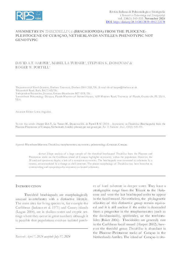 Asymmetry In Thecidellina (Brachiopoda) From The Pliocene-Pleistocene Of Curaçao, Netherlands Antilles: Phenotypic Not Genotypic Thumbnail