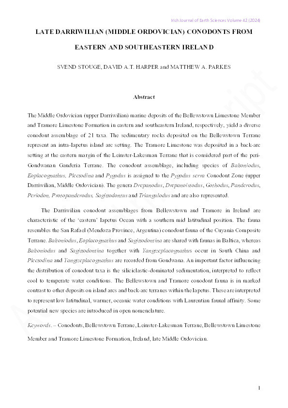 Late Darriwilian (Middle Ordovician) conodonts from eastern and southeastern Ireland Thumbnail