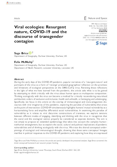 Viral ecologies: Resurgent nature, COVID-19 and the discourse of transgender contagion Thumbnail