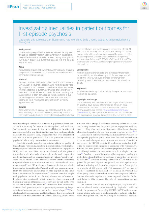 Investigating inequalities in patient outcomes for first-episode psychosis Thumbnail