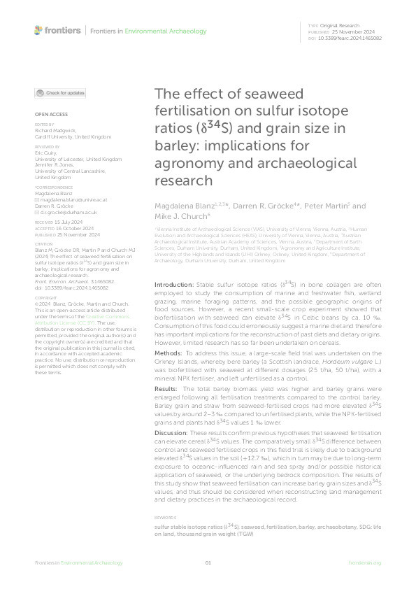 The effect of seaweed fertilisation on sulfur isotope ratios (δ³⁴S) and grain size in barley:  Implications for agronomy and archaeological research Thumbnail