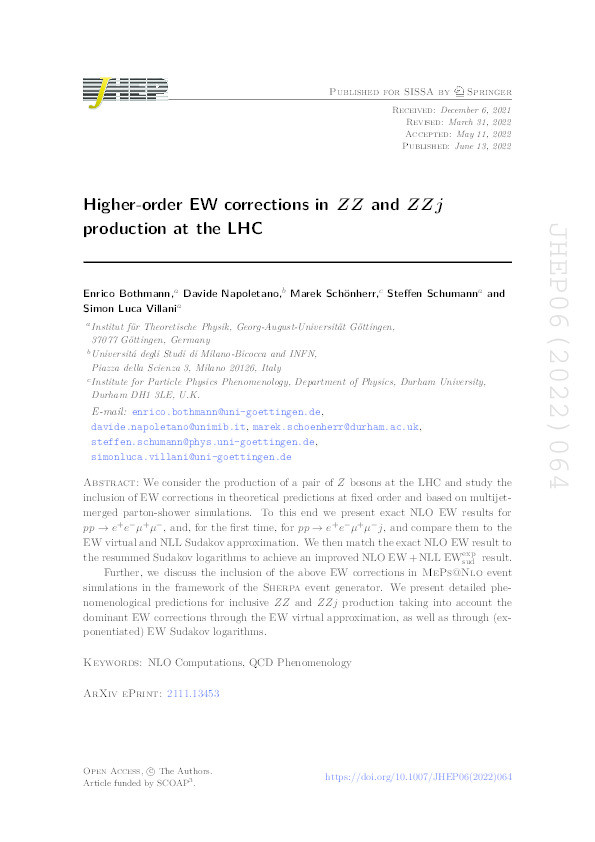 Higher-order EW corrections in ZZ and ZZj production at the LHC Thumbnail