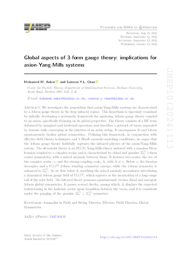 Global aspects of 3-form gauge theory: implications for axion-Yang-Mills systems Thumbnail