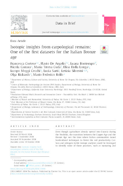 Isotopic insights from carpological remains: one of the first datasets for the Italian Bronze Age Thumbnail