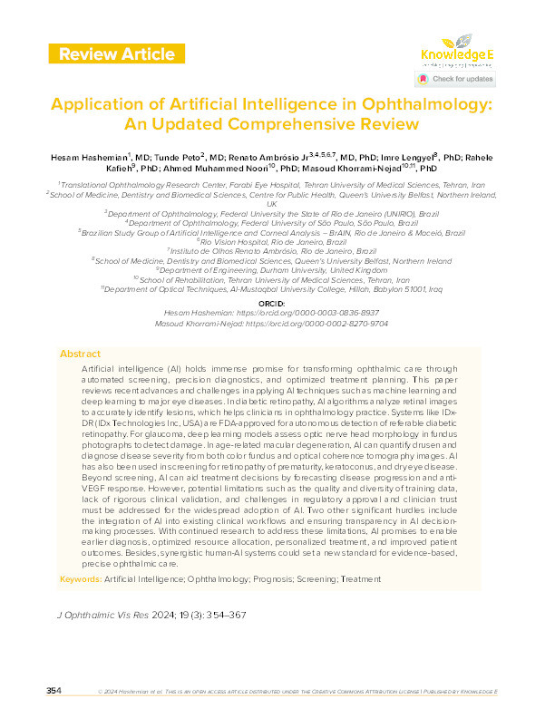 Application of Artificial Intelligence in Ophthalmology: An Updated Comprehensive Review. Thumbnail