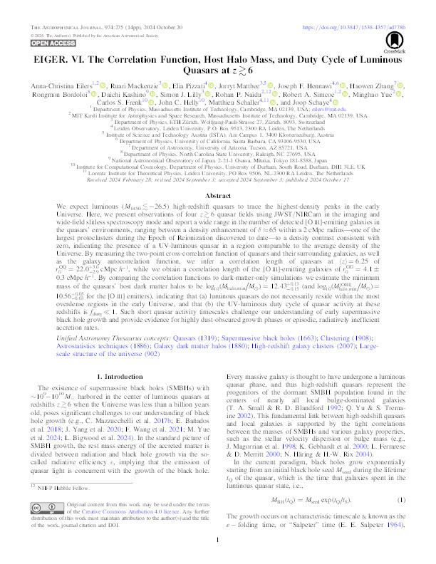 EIGER. VI. The Correlation Function, Host Halo Mass, and Duty Cycle of Luminous Quasars at z ≳ 6 Thumbnail