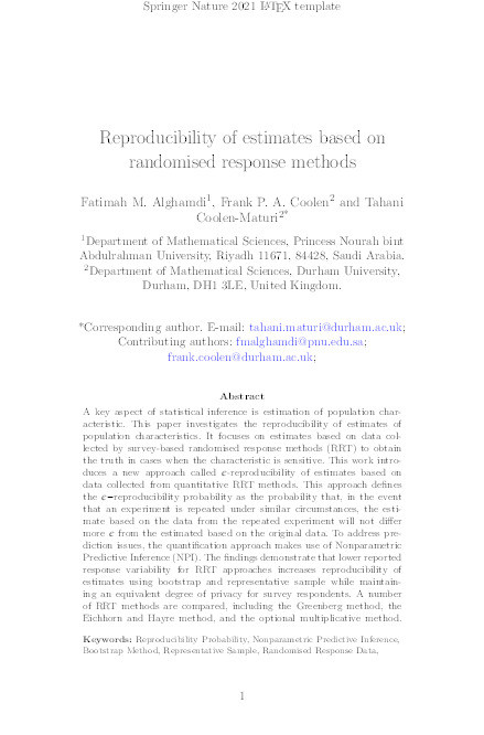 Reproducibility of estimates based on randomised response methods Thumbnail