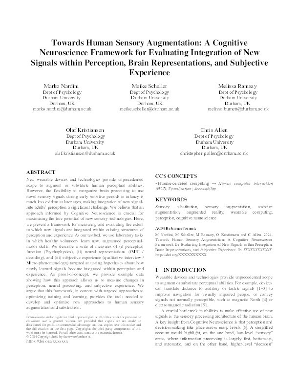 Towards Human Sensory Augmentation: A Cognitive Neuroscience Framework for Evaluating Integration of New Signals within Perception, Brain Representations, and Subjective Experience Thumbnail