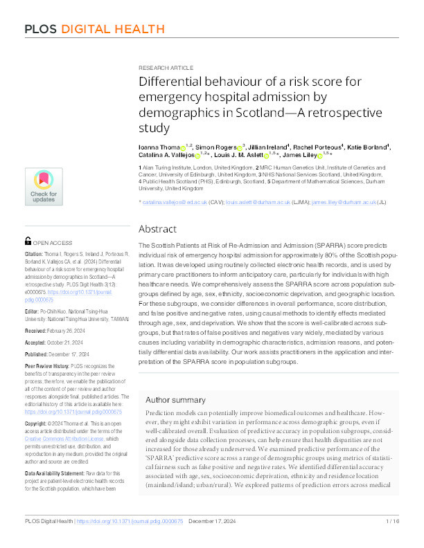 Differential behaviour of a risk score for emergency hospital admission by demographics in Scotland—A retrospective study Thumbnail