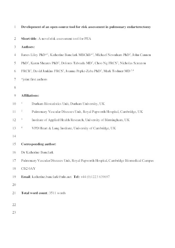 Development of an open-source tool for risk assessment in pulmonary endarterectomy Thumbnail