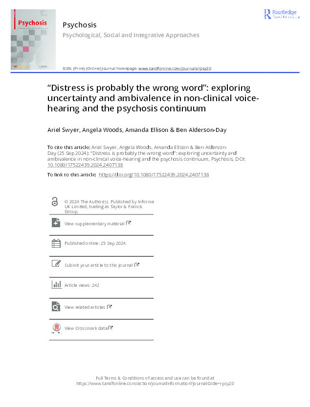 “Distress is probably the wrong word”: exploring uncertainty and ambivalence in non-clinical voice-hearing and the psychosis continuum Thumbnail