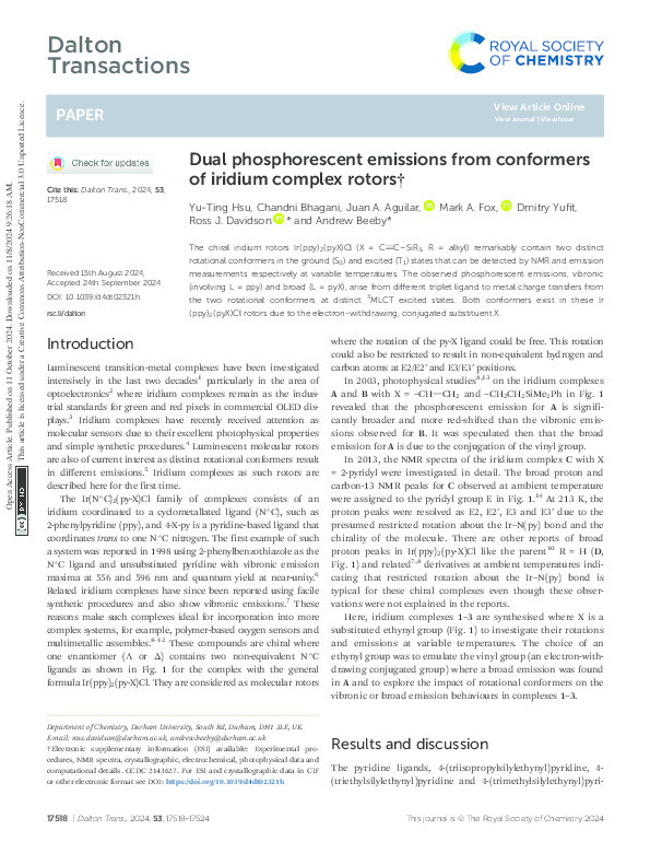 Dual phosphorescent emissions from conformers of iridium complex rotors. Thumbnail