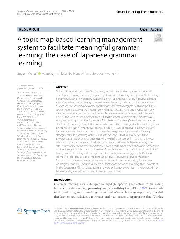 A topic map based learning management system to facilitate meaningful grammar learning: the case of Japanese grammar learning Thumbnail