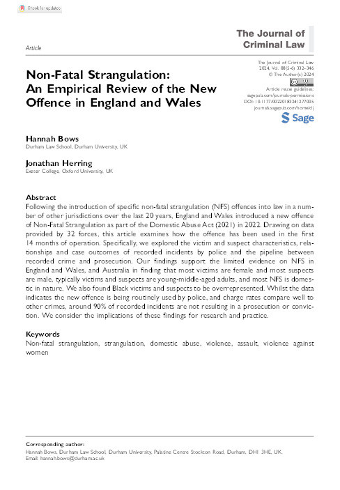 Non-Fatal Strangulation: An Empirical Review of the New Offence in England and Wales Thumbnail