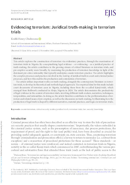 Evidencing terrorism: juridical truth-making in terrorism trials Thumbnail