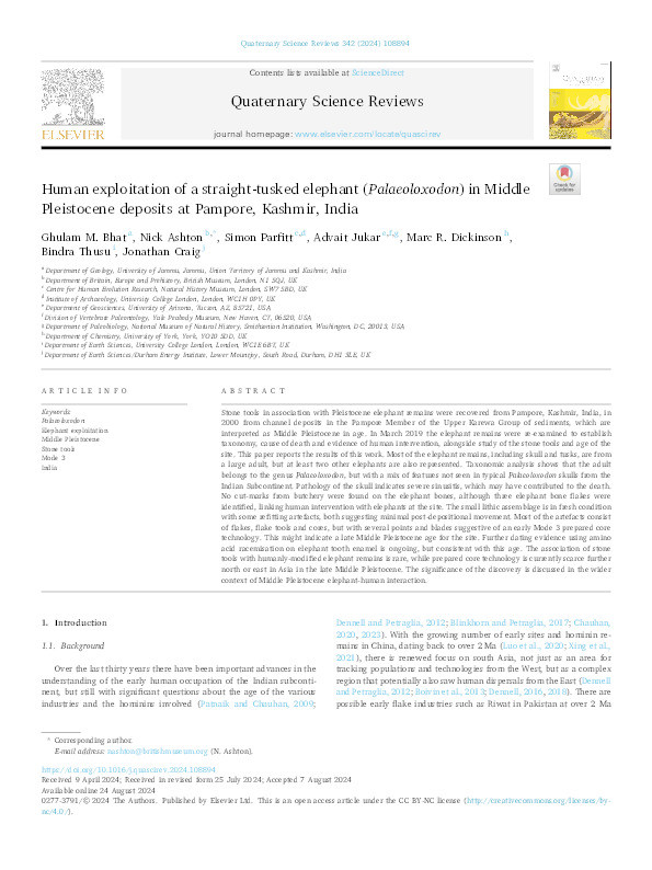 Human exploitation of a straight-tusked elephant (Palaeoloxodon) in Middle Pleistocene deposits at Pampore, Kashmir, India Thumbnail