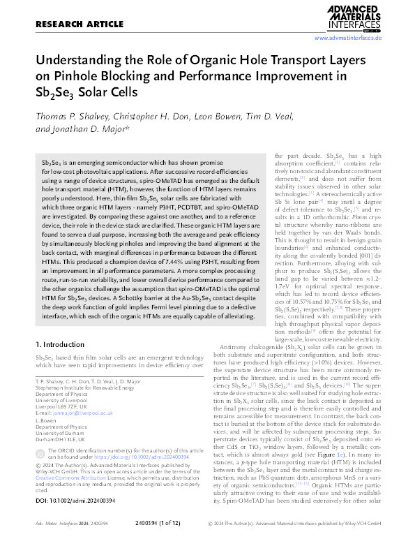 Understanding the Role of Organic Hole Transport Layers on Pinhole Blocking and Performance Improvement in Sb 2 Se 3 Solar Cells Thumbnail