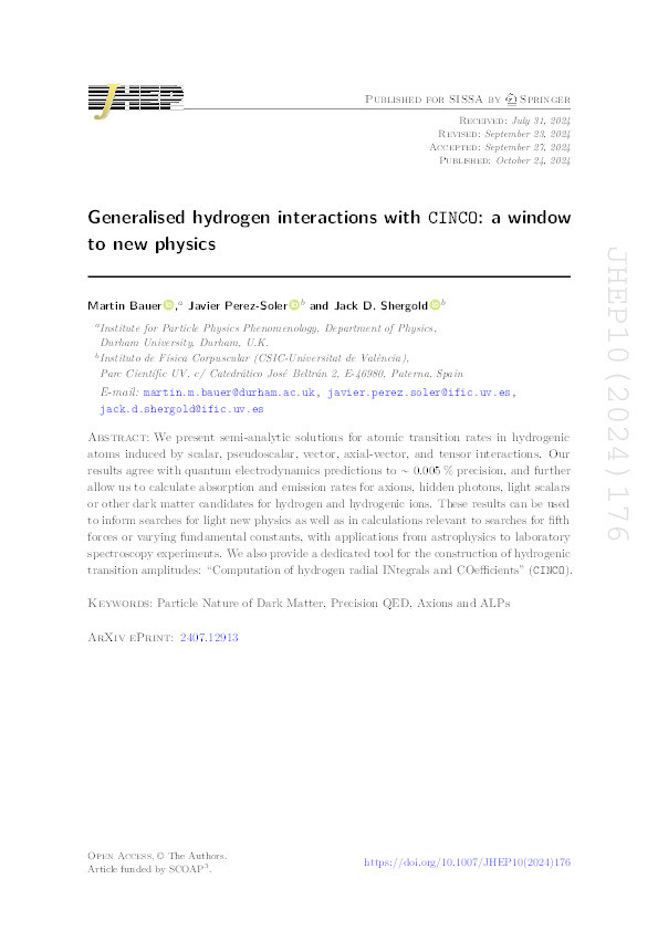 Generalised hydrogen interactions with CINCO: a window to new physics Thumbnail