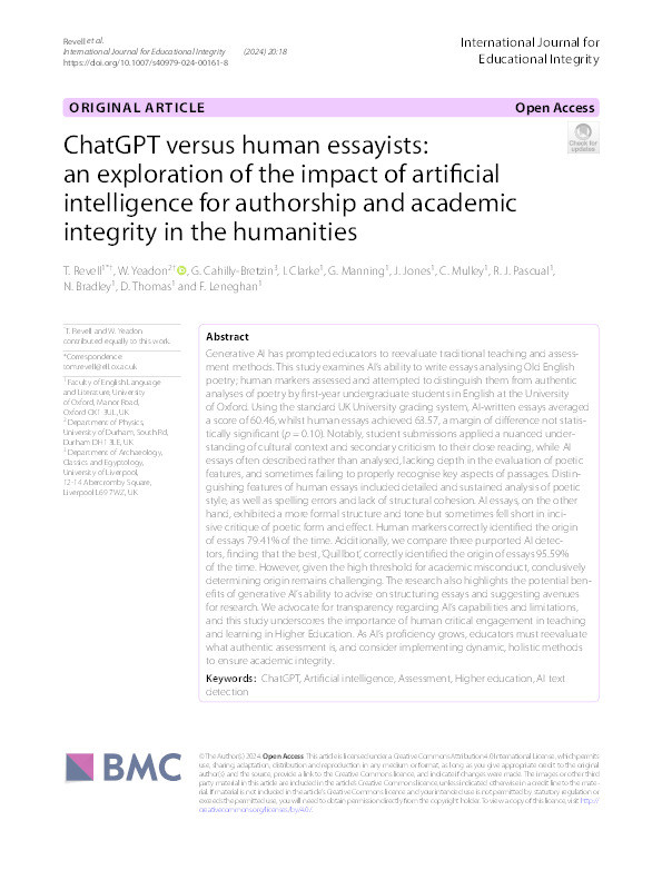 ChatGPT versus human essayists: an exploration of the impact of artificial intelligence for authorship and academic integrity in the humanities Thumbnail