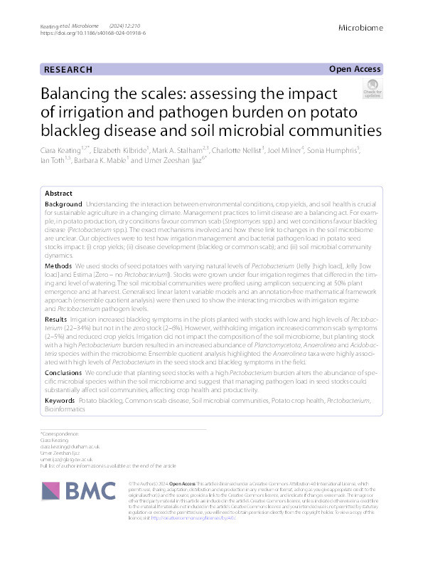 Balancing the scales: assessing the impact of irrigation and pathogen burden on potato blackleg disease and soil microbial communities Thumbnail