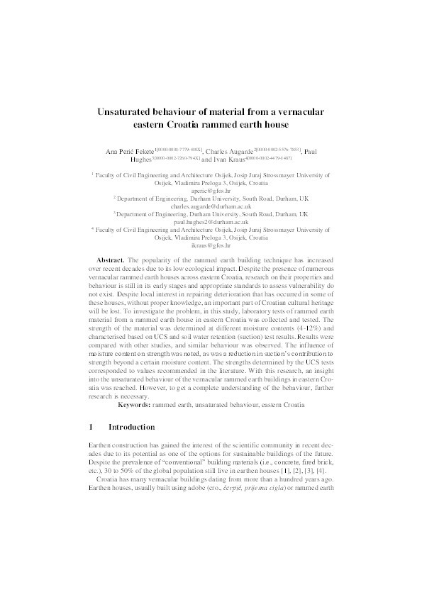 Unsaturated behaviour of material from a vernacular eastern Croatia rammed earth house Thumbnail