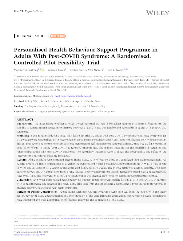 Personalised Health Behaviour Support Programme in Adults With Post‐COVID Syndrome: A Randomised, Controlled Pilot Feasibility Trial Thumbnail